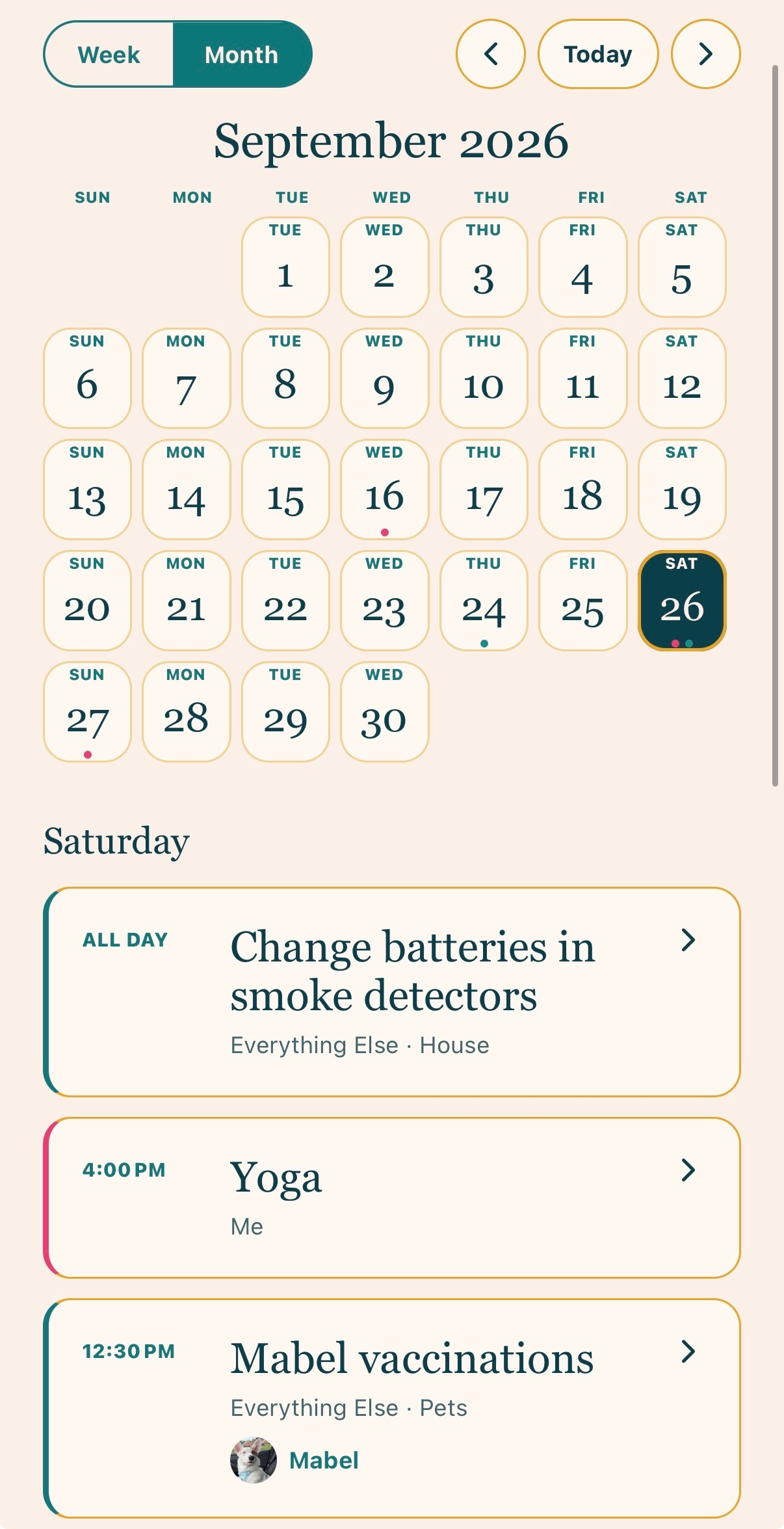 Room & Grace calendar in month view