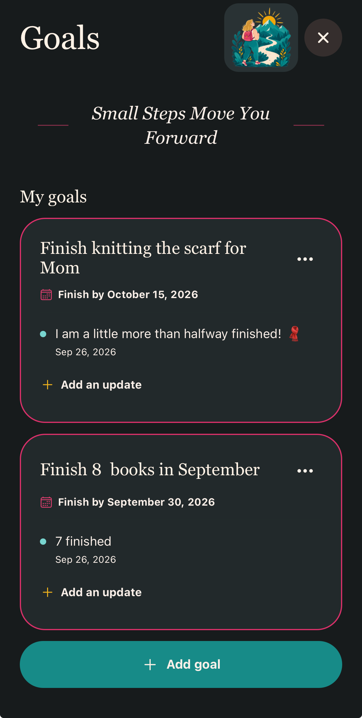 Goals and progress updates shown in dark mode