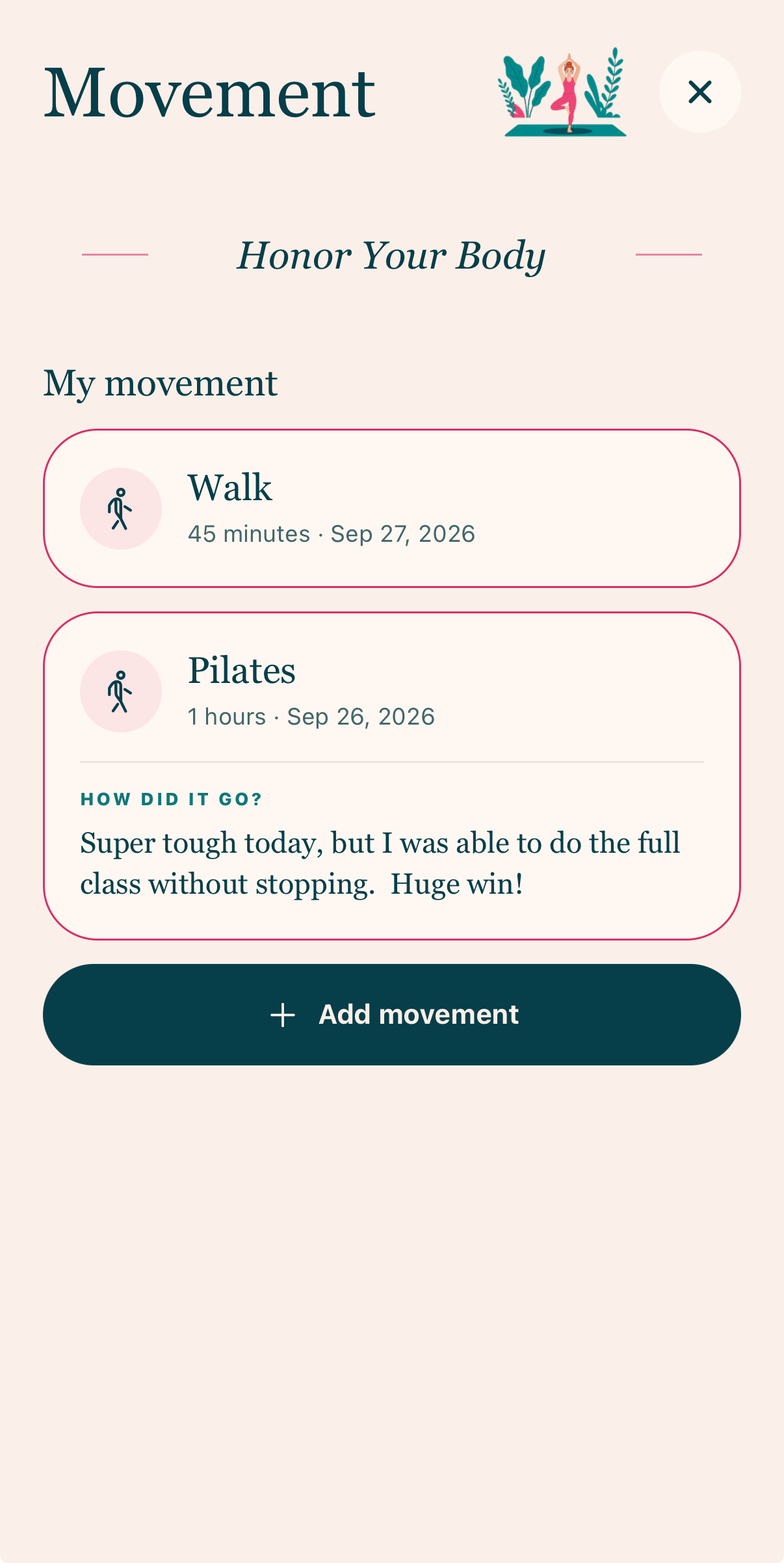 Movement screen with a saved Pilates entry