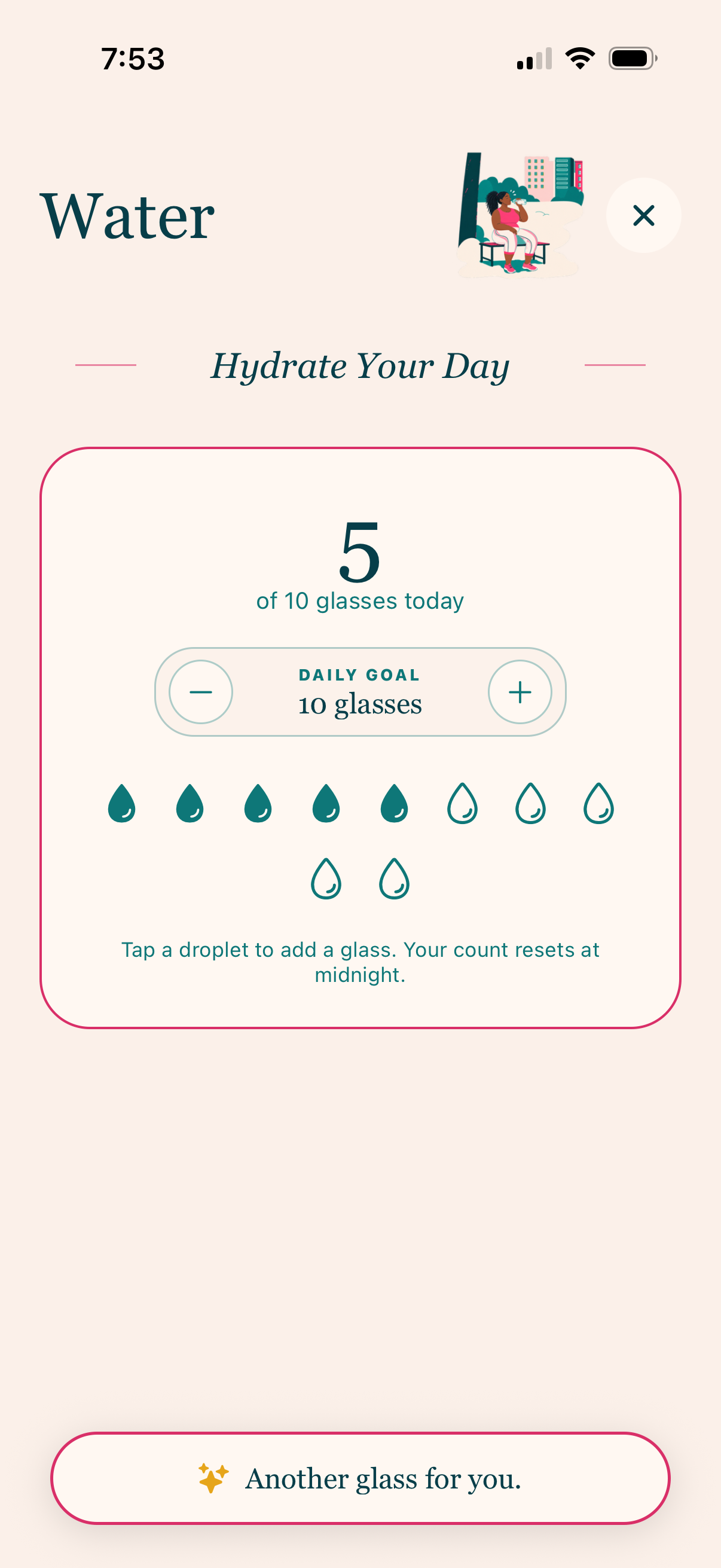Water screen with a daily goal and tappable droplets